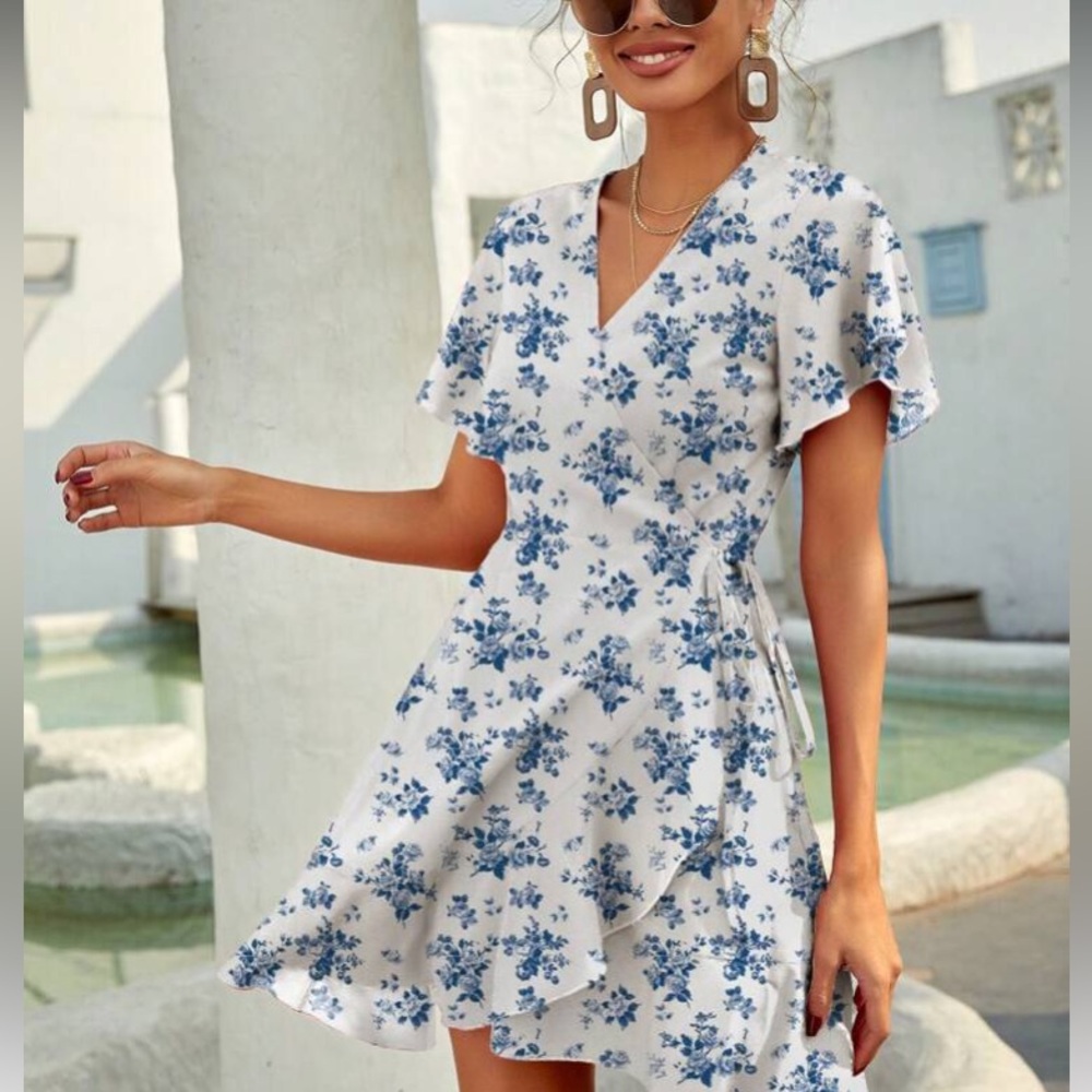 Blue and White Patterned Wrap Dress